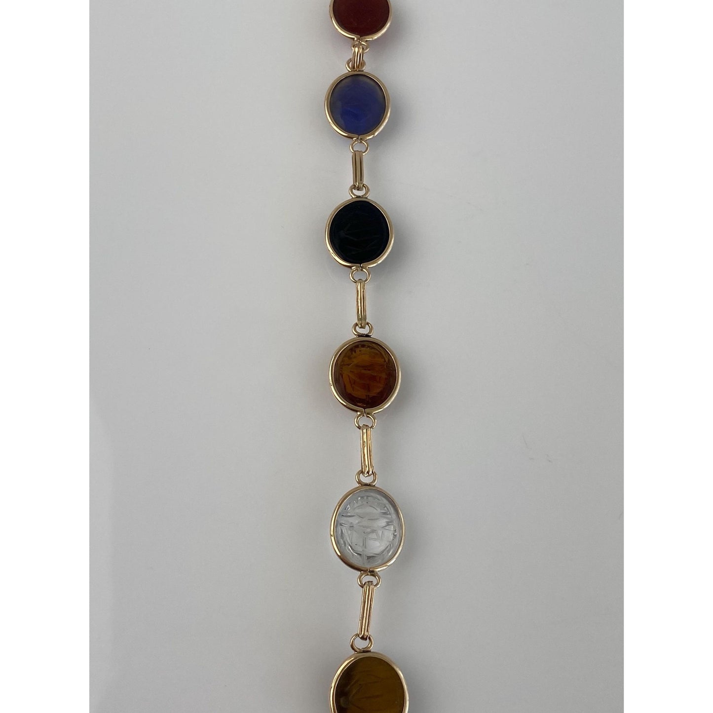 Solid 10k Yellow Gold Tigers Eye Citrine Black Onyx Carnelian Blue Chalcedony Scarab Link Bracelet - 7 inches