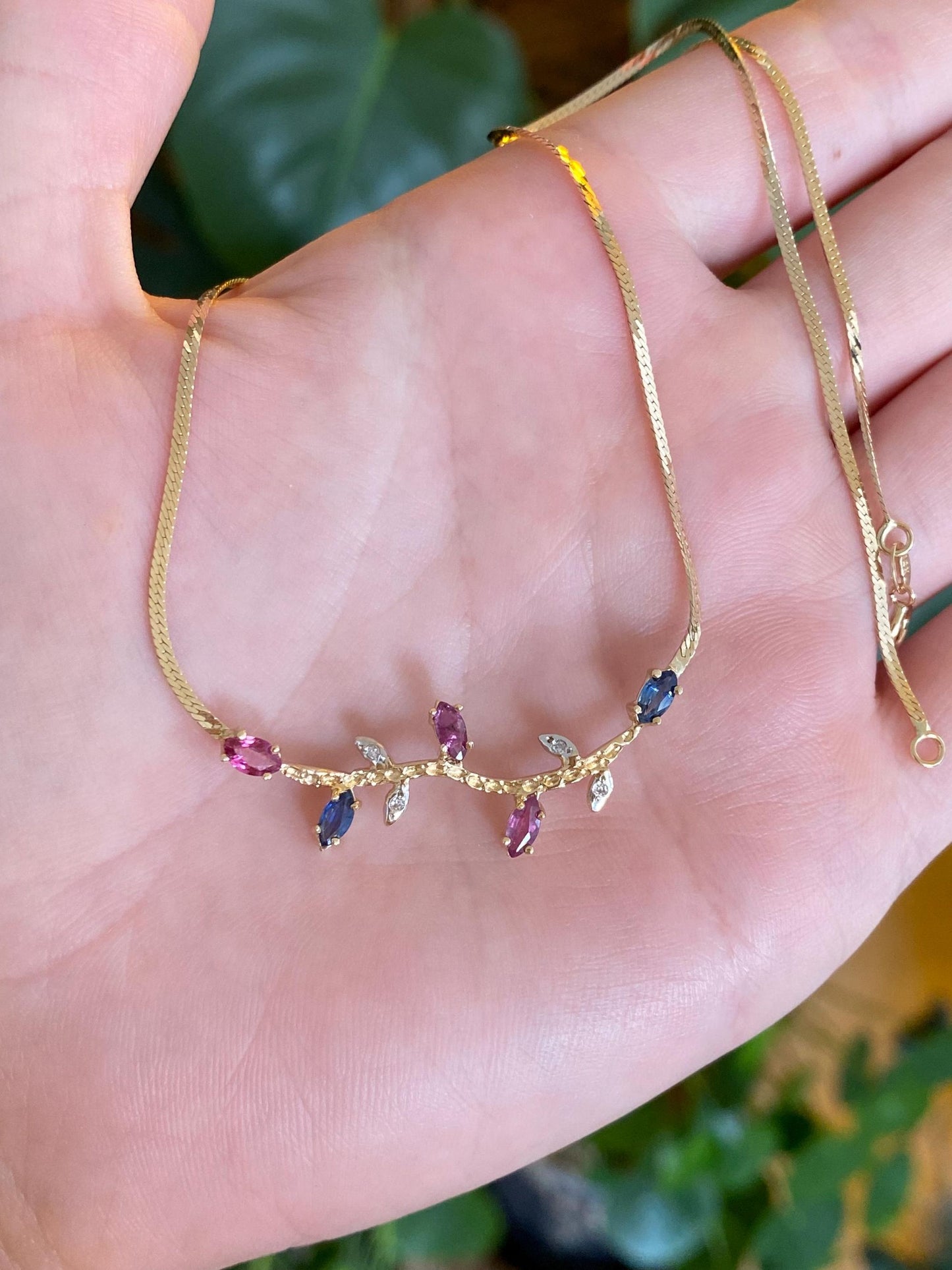 Vintage Solid 14k White & Yellow Gold Pink Blue Sapphire Diamond Branch Flat Chain Necklace - 15.5 inches
