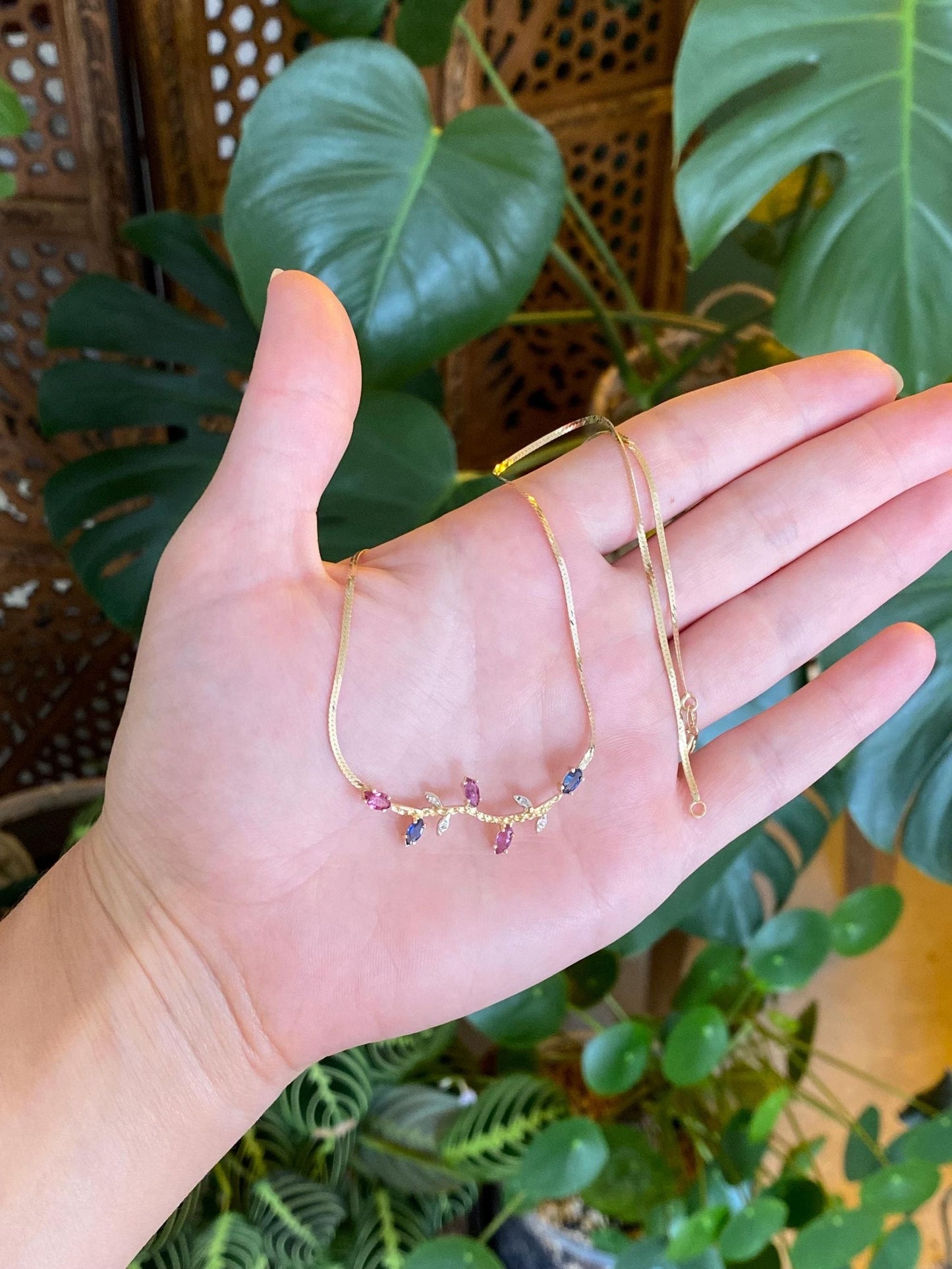 Vintage Solid 14k White & Yellow Gold Pink Blue Sapphire Diamond Branch Flat Chain Necklace - 15.5 inches