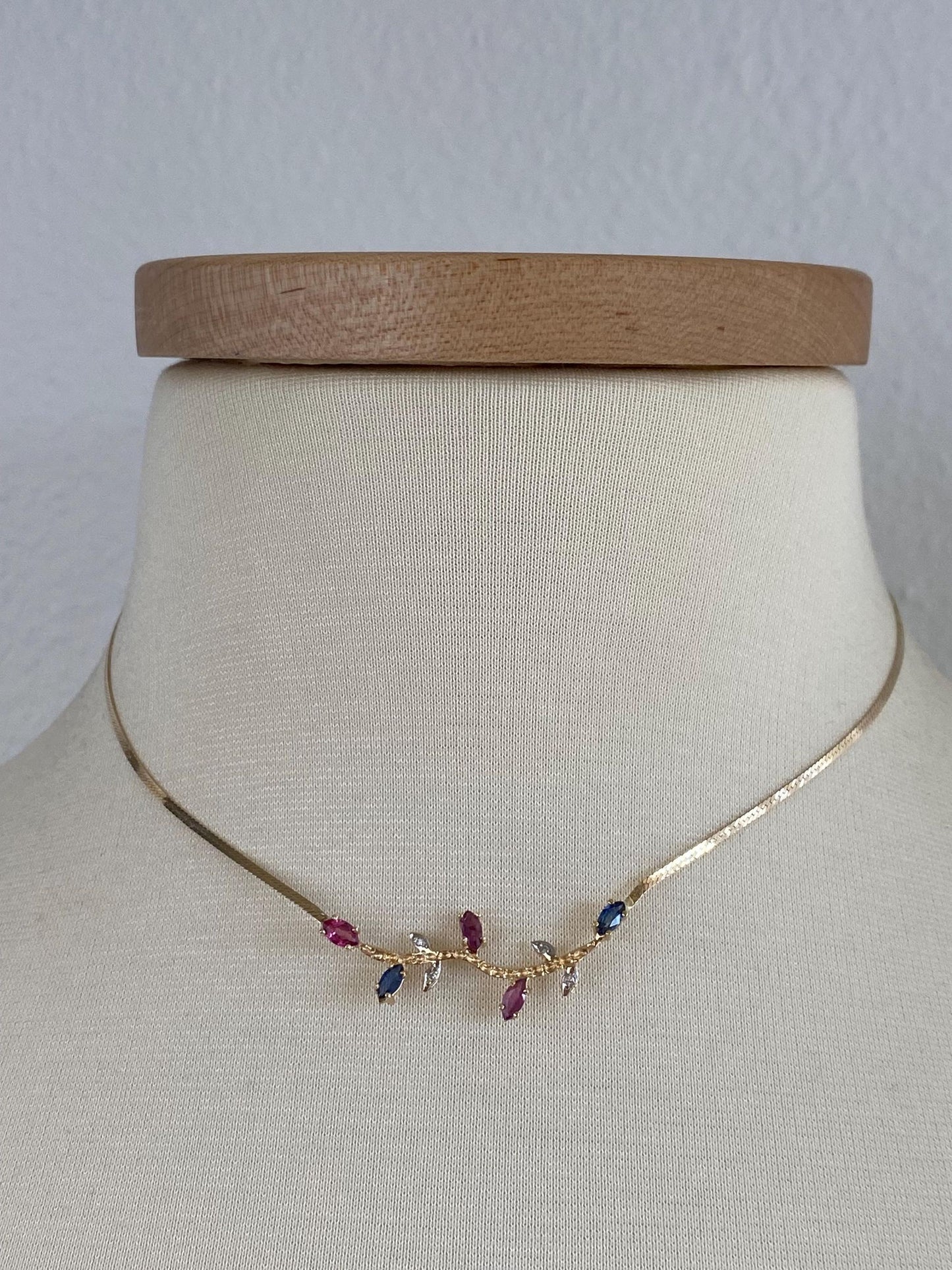 Vintage Solid 14k White & Yellow Gold Pink Blue Sapphire Diamond Branch Flat Chain Necklace - 15.5 inches