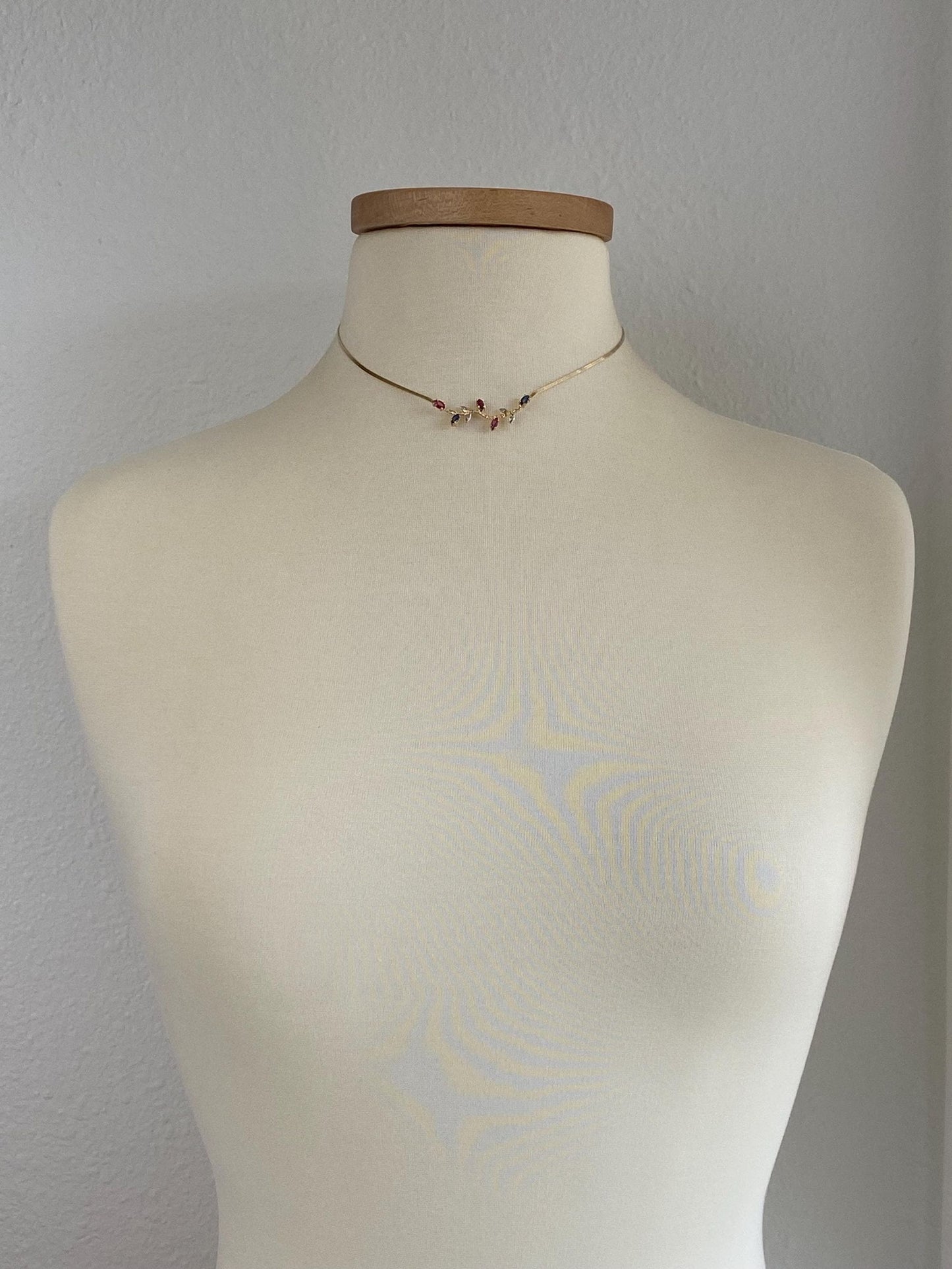 Vintage Solid 14k White & Yellow Gold Pink Blue Sapphire Diamond Branch Flat Chain Necklace - 15.5 inches
