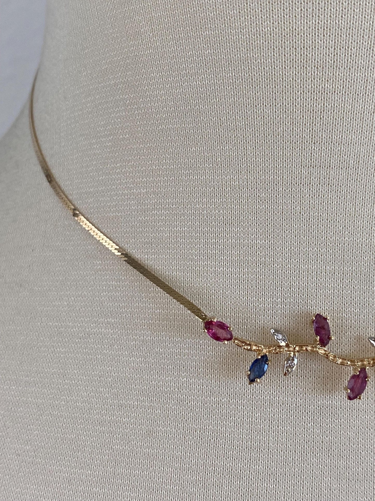 Vintage Solid 14k White & Yellow Gold Pink Blue Sapphire Diamond Branch Flat Chain Necklace - 15.5 inches