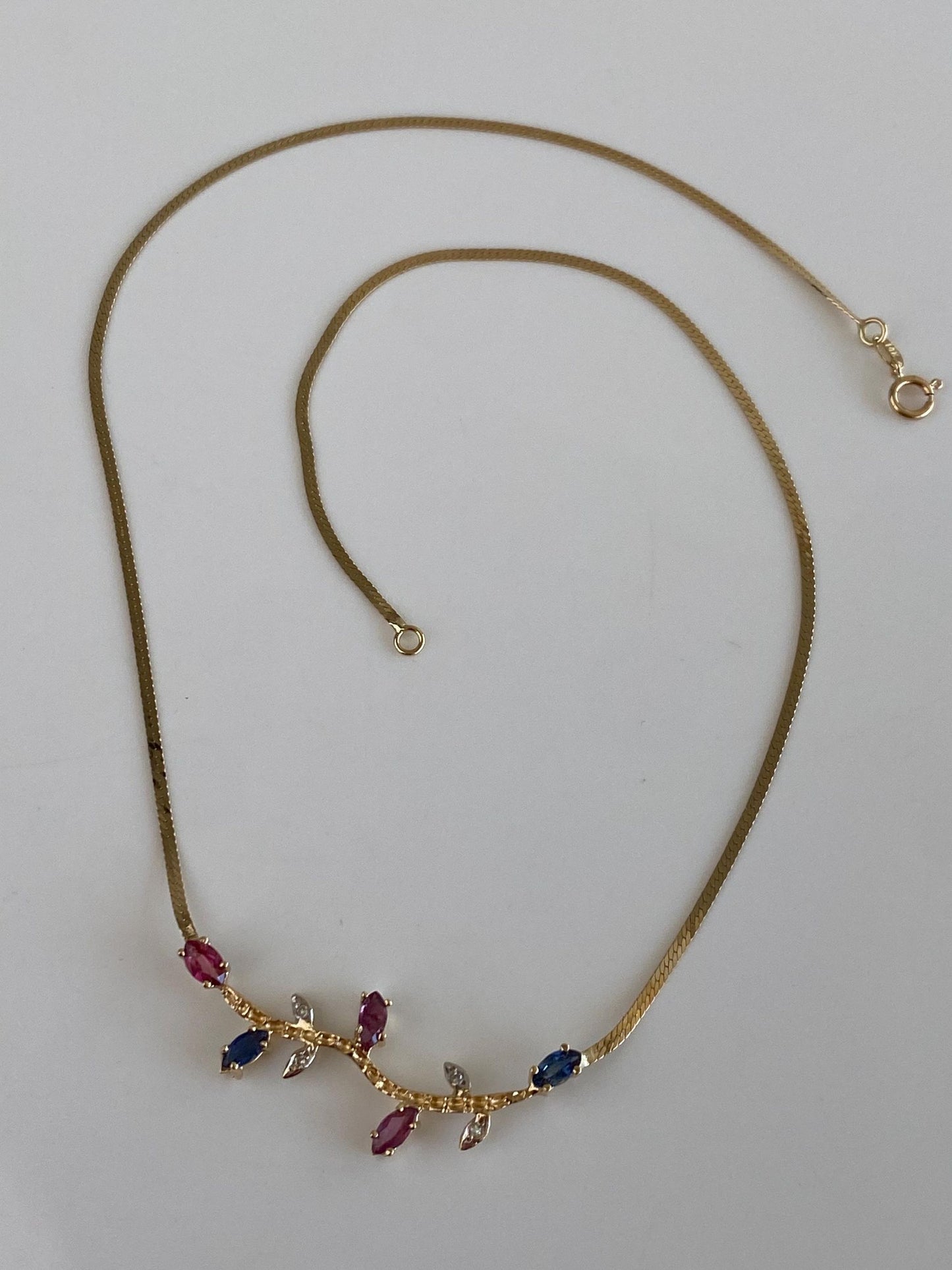 Vintage Solid 14k White & Yellow Gold Pink Blue Sapphire Diamond Branch Flat Chain Necklace - 15.5 inches