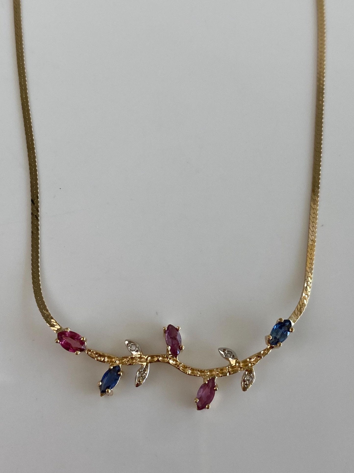 Vintage Solid 14k White & Yellow Gold Pink Blue Sapphire Diamond Branch Flat Chain Necklace - 15.5 inches