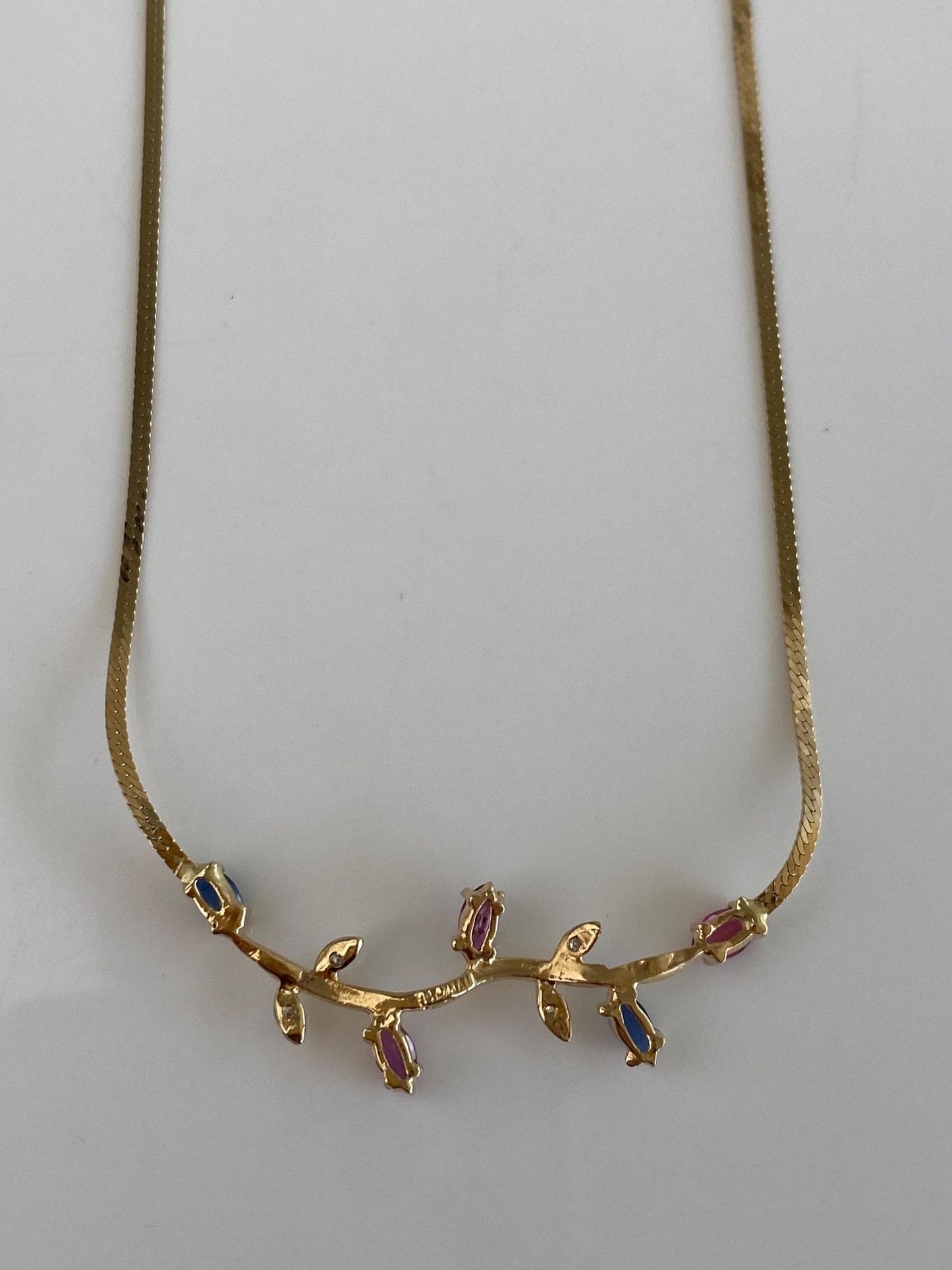 Vintage Solid 14k White & Yellow Gold Pink Blue Sapphire Diamond Branch Flat Chain Necklace - 15.5 inches