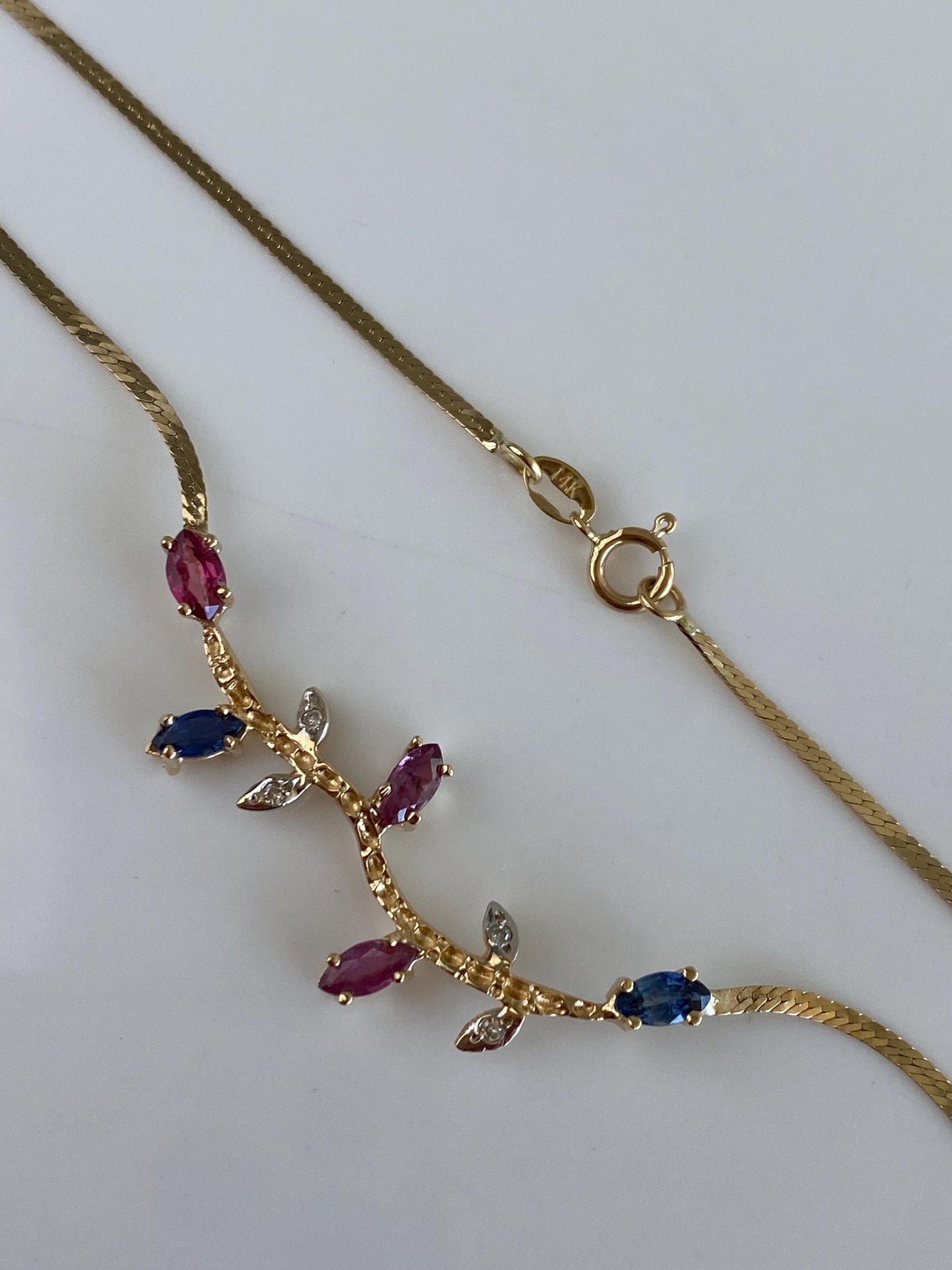 Vintage Solid 14k White & Yellow Gold Pink Blue Sapphire Diamond Branch Flat Chain Necklace - 15.5 inches