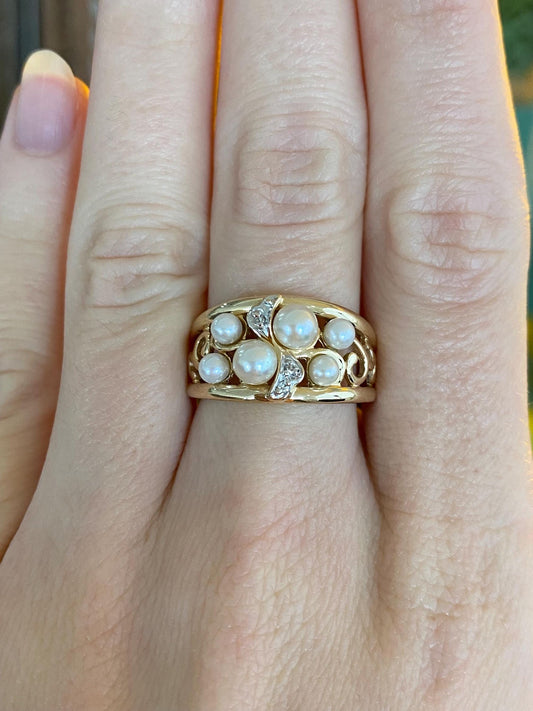Vintage Solid 14k White & Yellow Gold Diamond Pearl Open Work Ring - Size 7