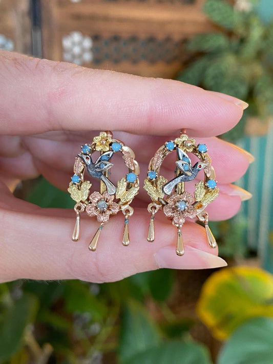 Vintage Solid 10k Yellow & Rose Gold Turquoise Seed Pearl Floral Hummingbird Drop Earrings