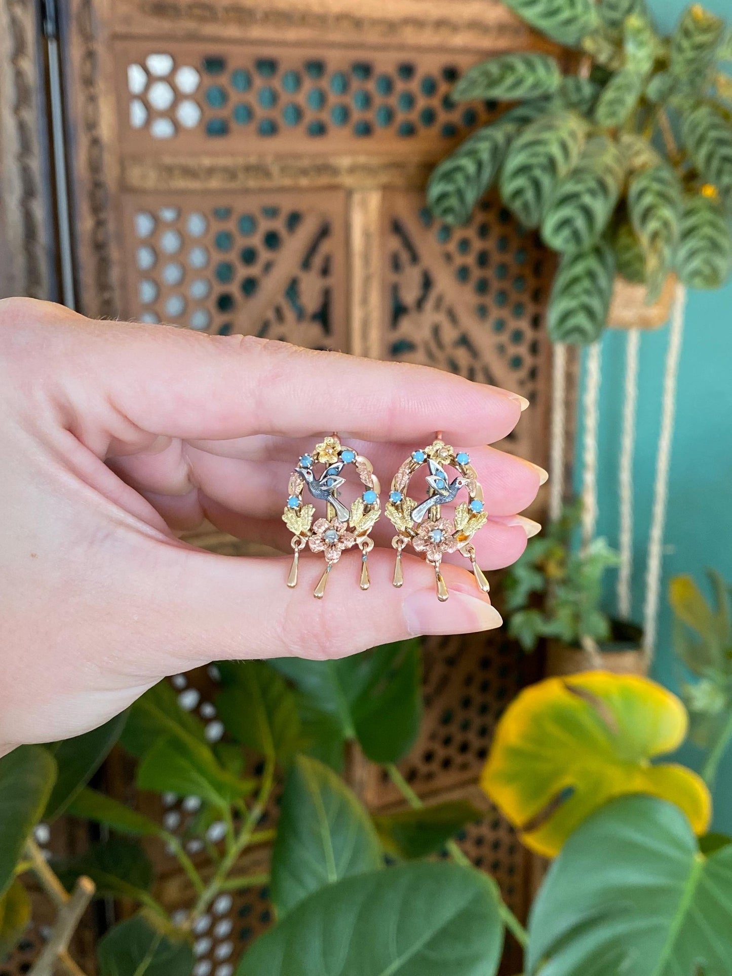 Vintage Solid 10k Yellow & Rose Gold Turquoise Seed Pearl Floral Hummingbird Drop Earrings