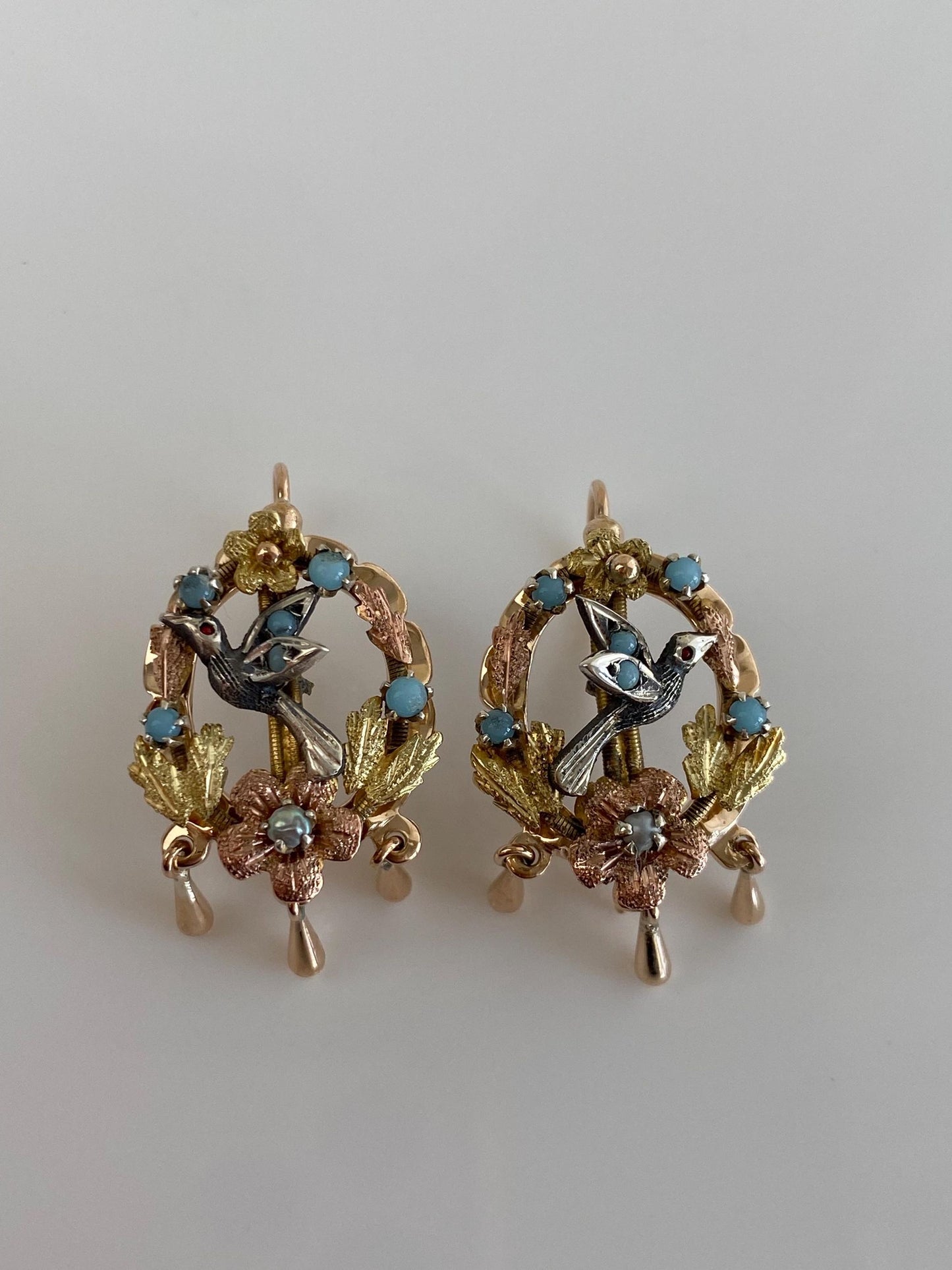 Vintage Solid 10k Yellow & Rose Gold Turquoise Seed Pearl Floral Hummingbird Drop Earrings
