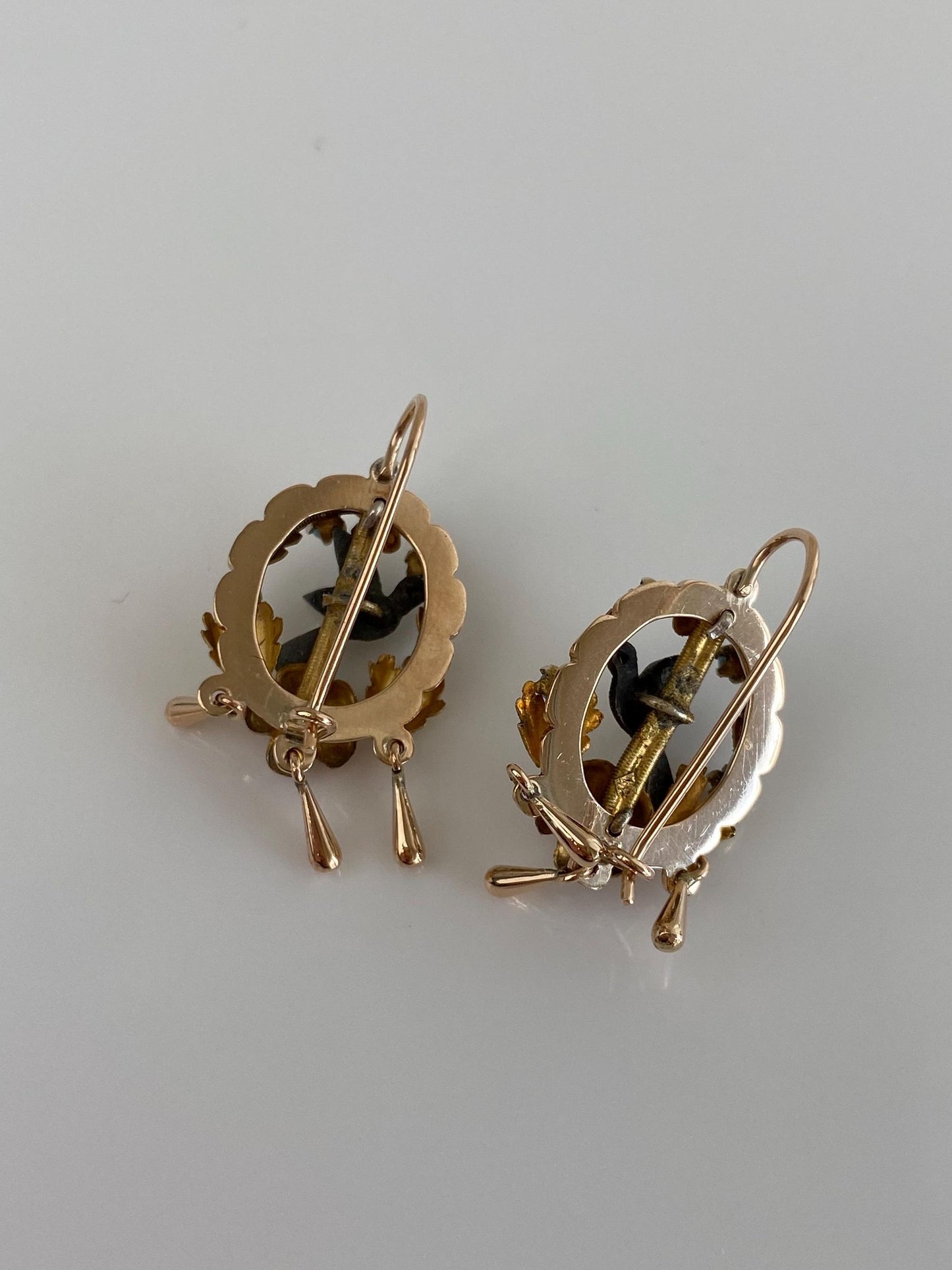 Vintage Solid 10k Yellow & Rose Gold Turquoise Seed Pearl Floral Hummingbird Drop Earrings