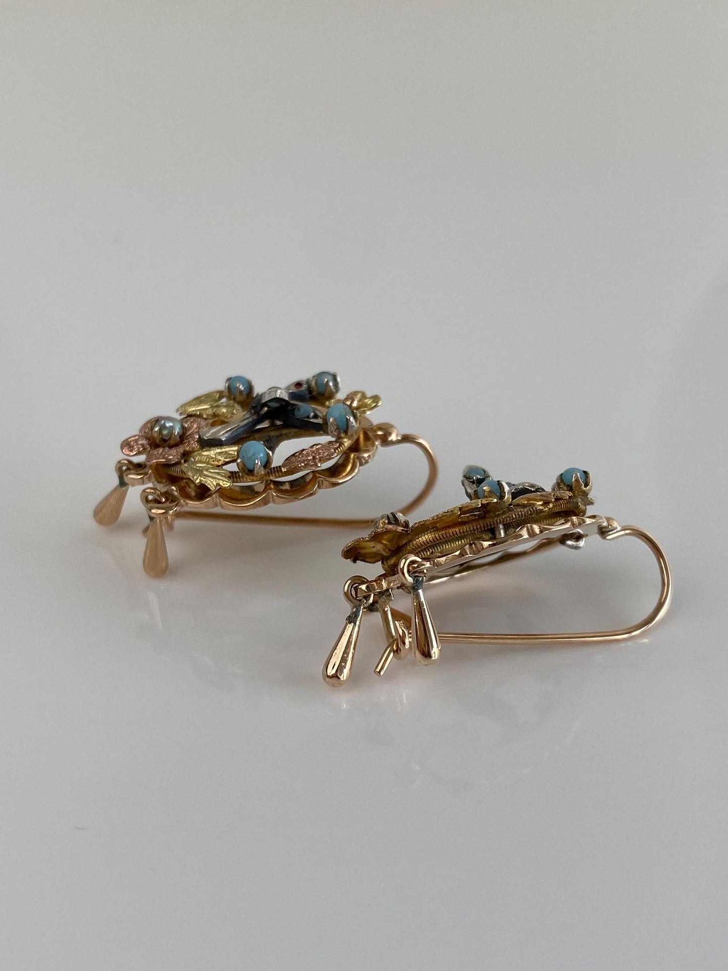 Vintage Solid 10k Yellow & Rose Gold Turquoise Seed Pearl Floral Hummingbird Drop Earrings