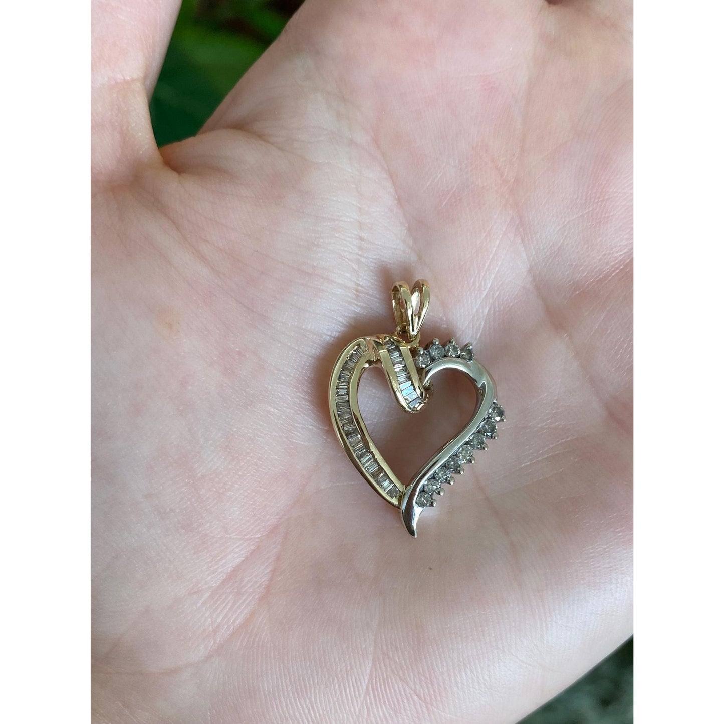 Vintage Solid 10k White & Yellow Gold Baguette and Round Diamond Heart Charm