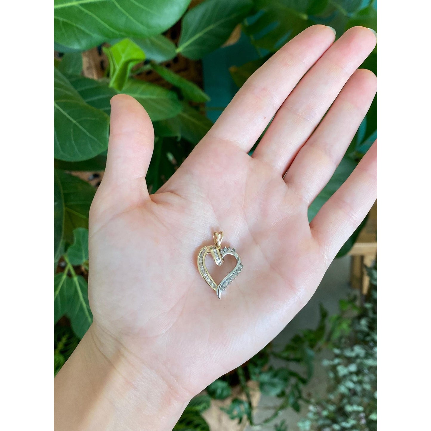 Vintage Solid 10k White & Yellow Gold Baguette and Round Diamond Heart Charm