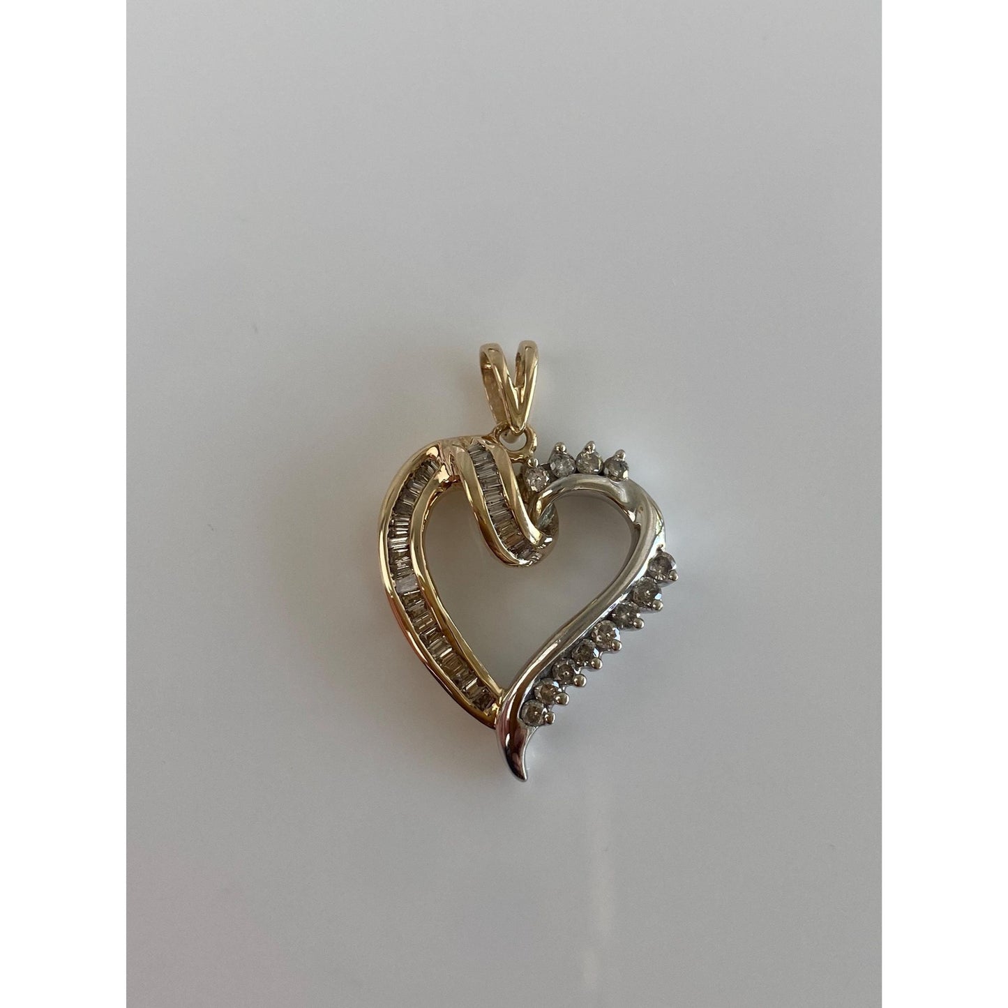 Vintage Solid 10k White & Yellow Gold Baguette and Round Diamond Heart Charm
