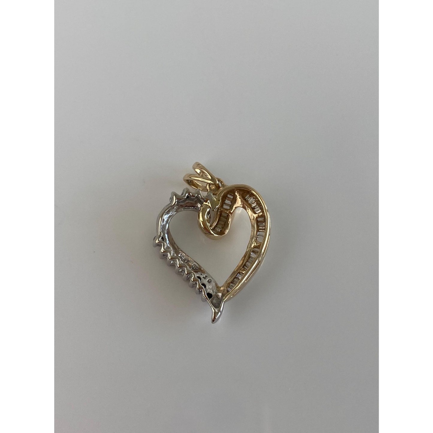 Vintage Solid 10k White & Yellow Gold Baguette and Round Diamond Heart Charm