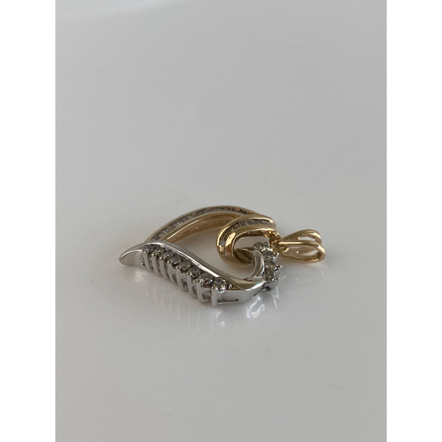 Vintage Solid 10k White & Yellow Gold Baguette and Round Diamond Heart Charm