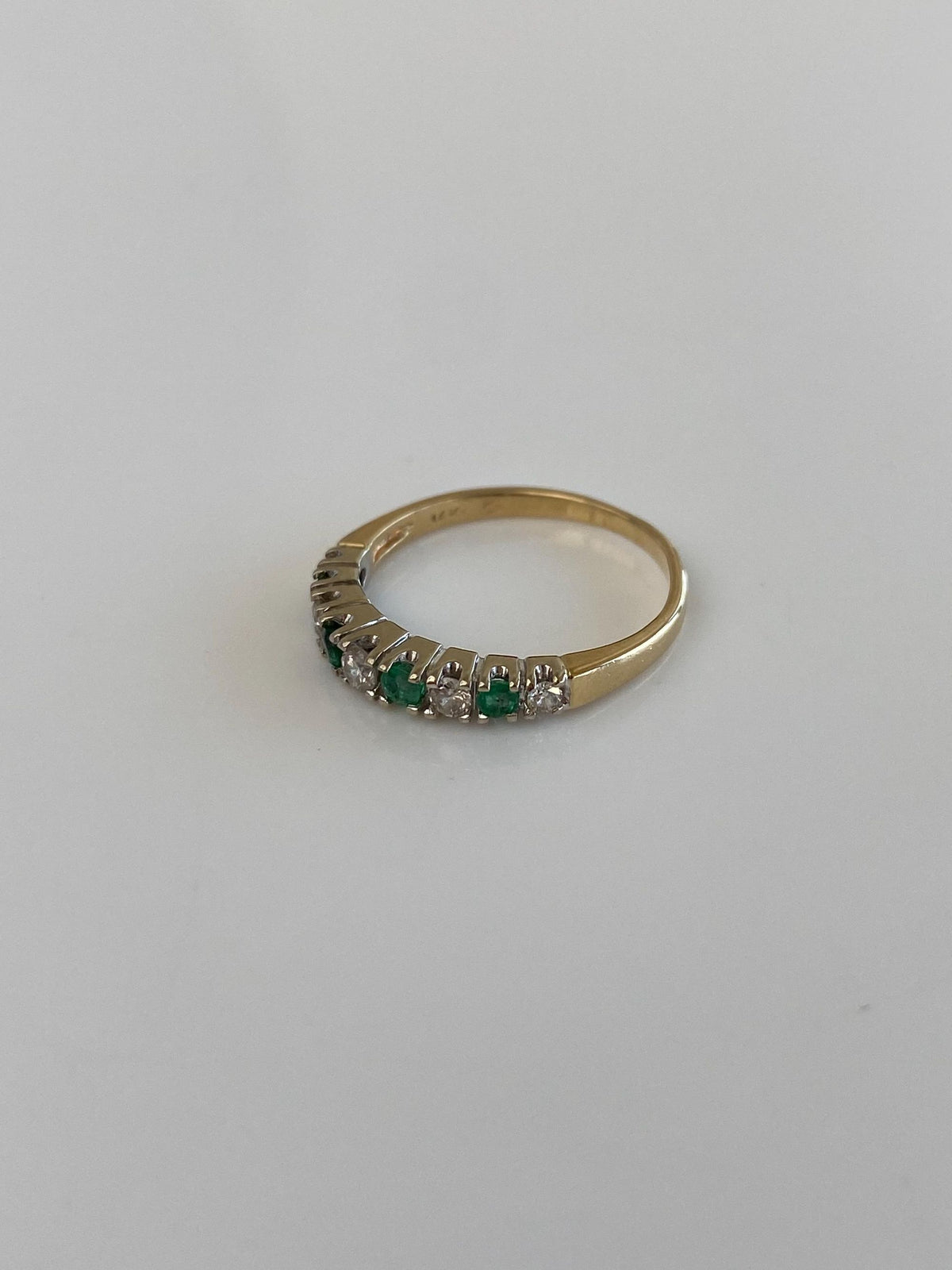 Vintage Solid 14k White & Yellow Gold Diamond Emerald Ring Band - Size 4