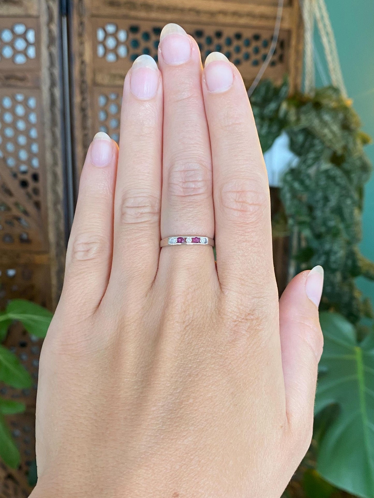 Vintage Solid 14k White Gold Diamond Pink Spinel Ring - Size 5.75