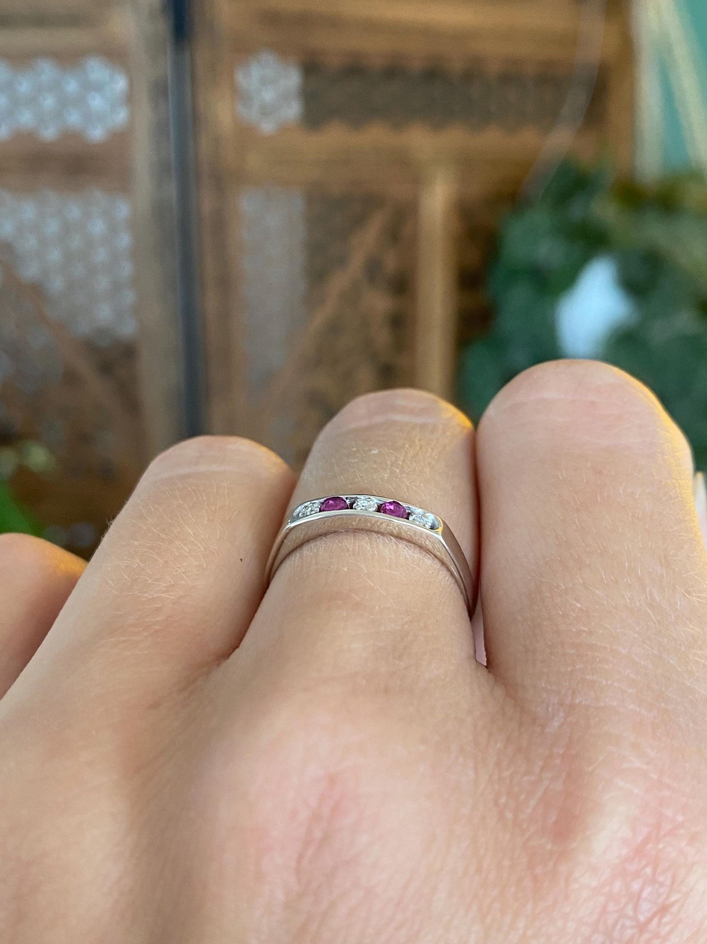 Vintage Solid 14k White Gold Diamond Pink Spinel Ring - Size 5.75