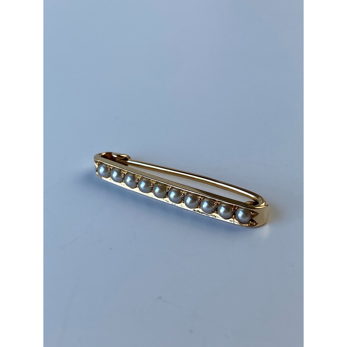Vintage Solid 14k Yellow Gold Seed Pearl Safety Pin