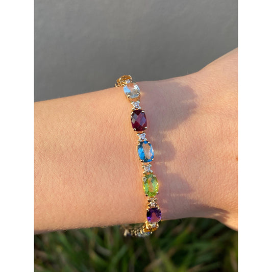 Vintage Solid 14k Yellow Gold Amethyst Diamond Citrine Topaz Garnet Peridot Quartz Link Bracelet - 8 inches