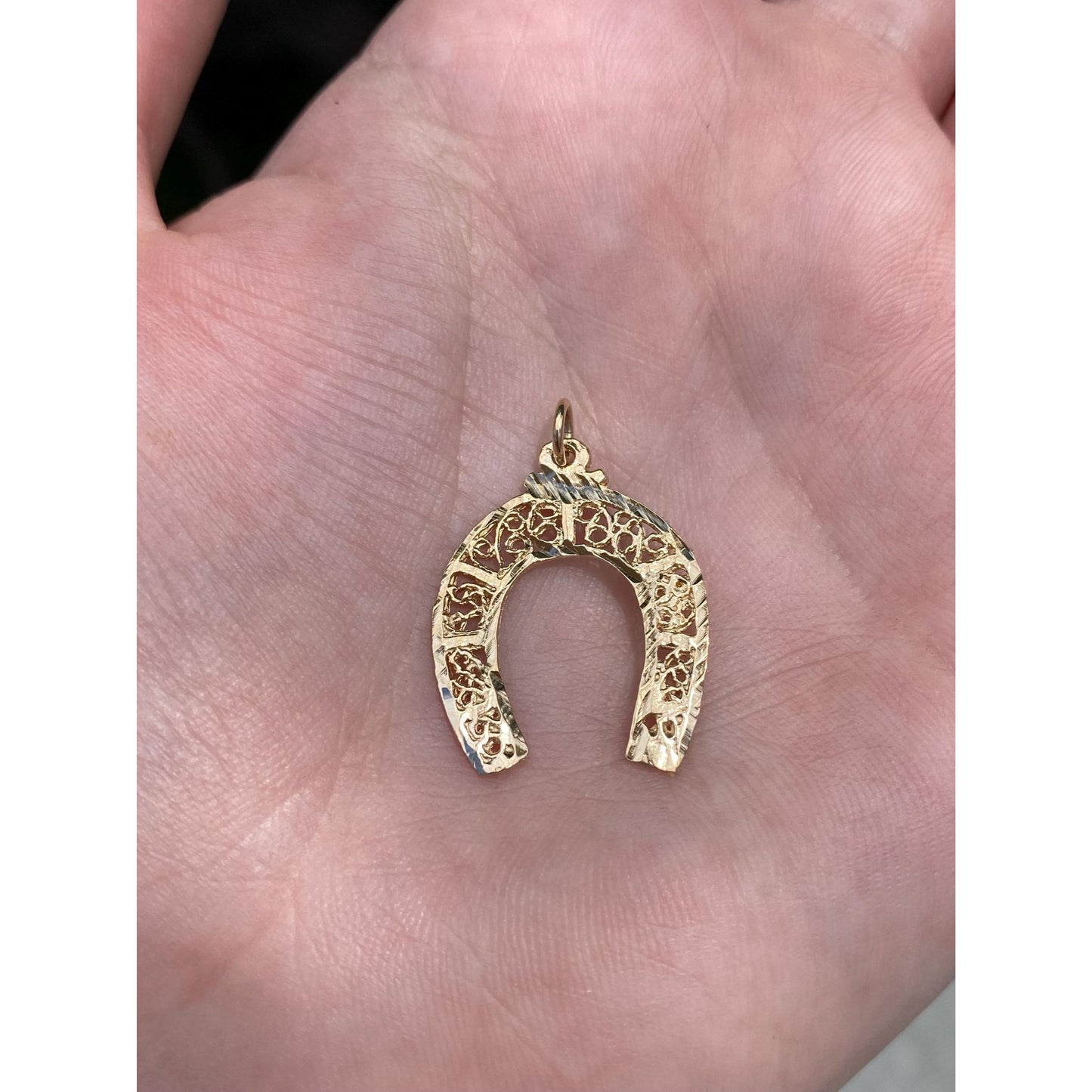 Vintage Solid 14k Yellow Gold Filigree Horseshoe Charm