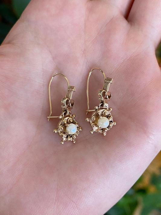 Vintage Solid 14k Yellow Gold Ornate Pearl Dangle Earrings