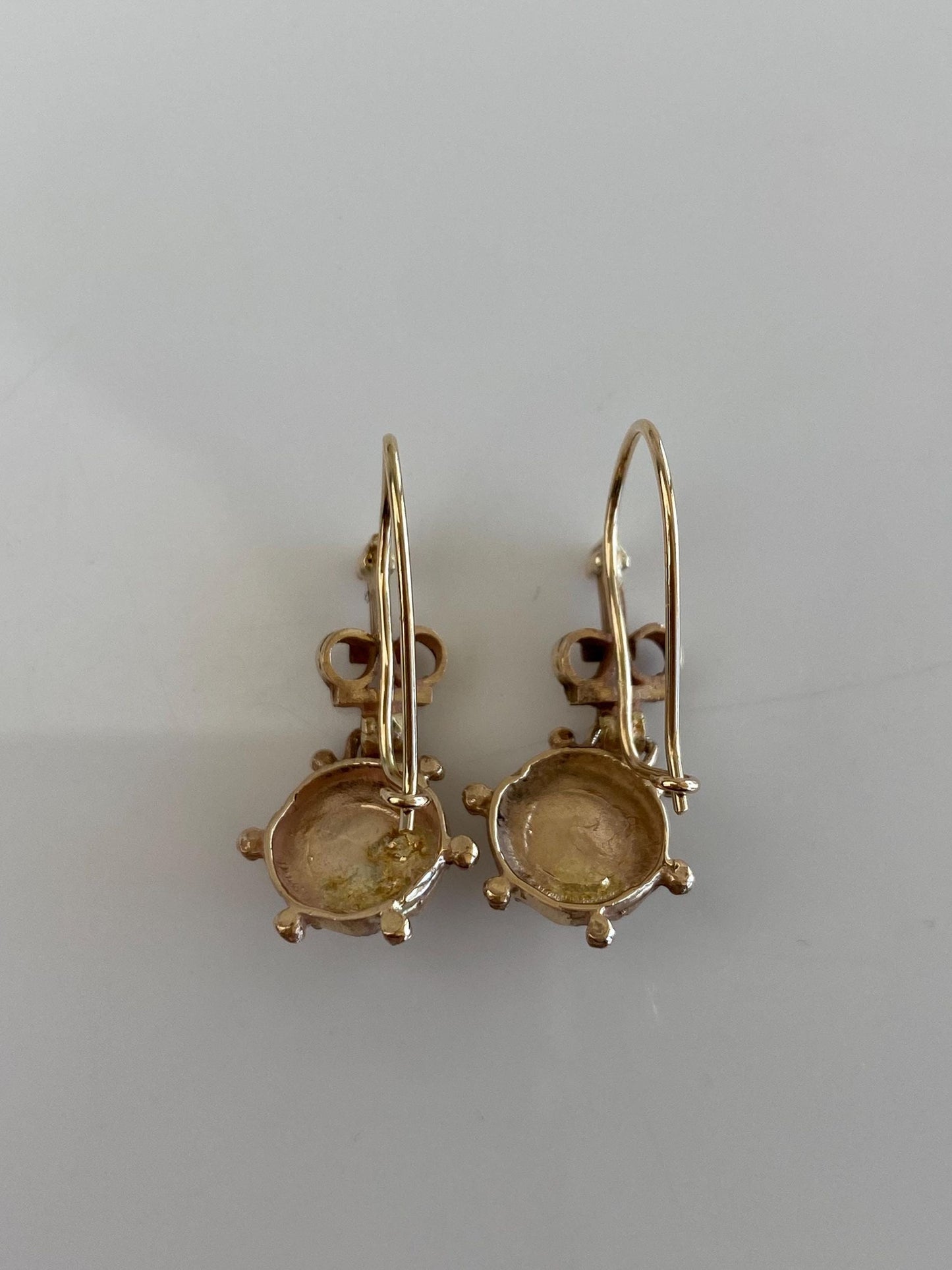 Vintage Solid 14k Yellow Gold Ornate Pearl Dangle Earrings