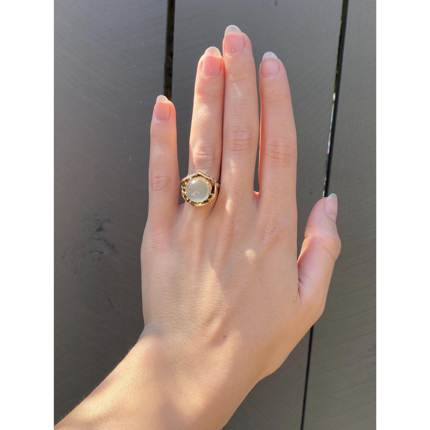 Vintage Solid 14k Yellow Gold White Moonstone Cocktail Ring - Size 6.25