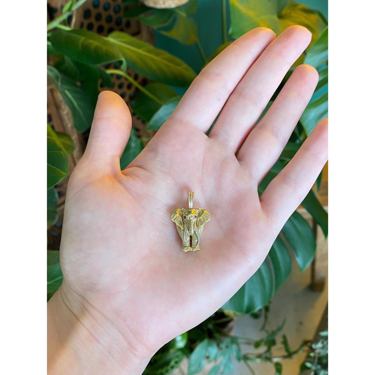 Vintage Solid 14k White & Yellow Gold Pink Sapphire Elephant Charm