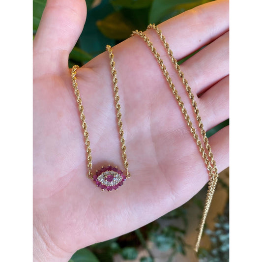 Solid 14k Yellow Gold Diamond Ruby Eye Rope Chain Necklace - 25 inches