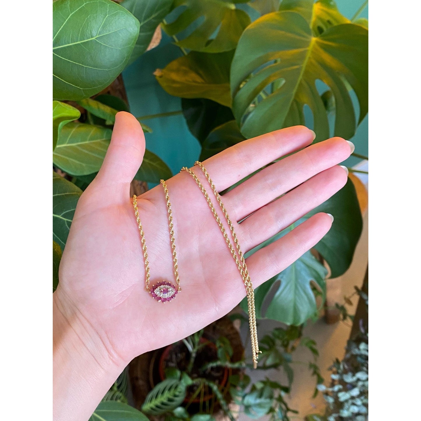 Solid 14k Yellow Gold Diamond Ruby Eye Rope Chain Necklace - 25 inches