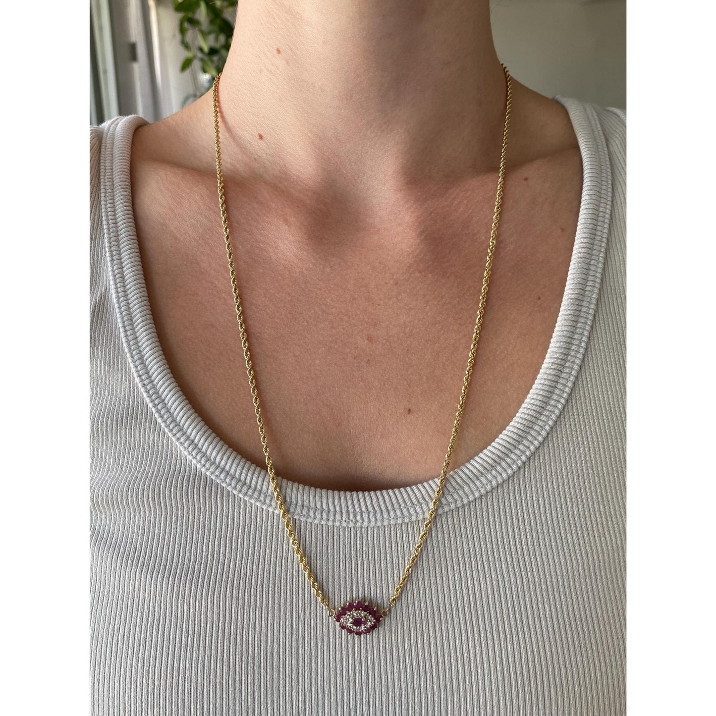 Solid 14k Yellow Gold Diamond Ruby Eye Rope Chain Necklace - 25 inches