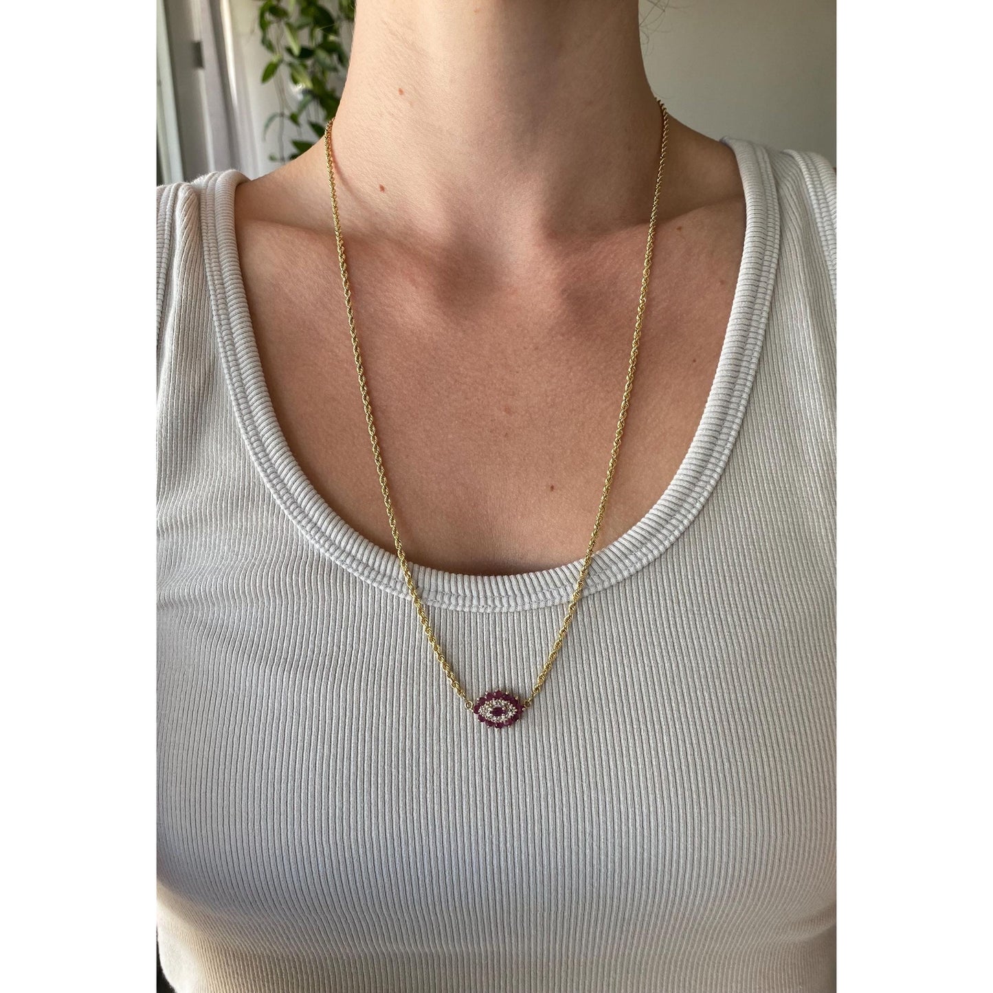 Solid 14k Yellow Gold Diamond Ruby Eye Rope Chain Necklace - 25 inches