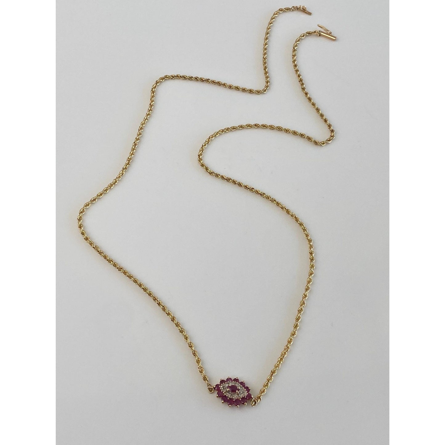 Solid 14k Yellow Gold Diamond Ruby Eye Rope Chain Necklace - 25 inches