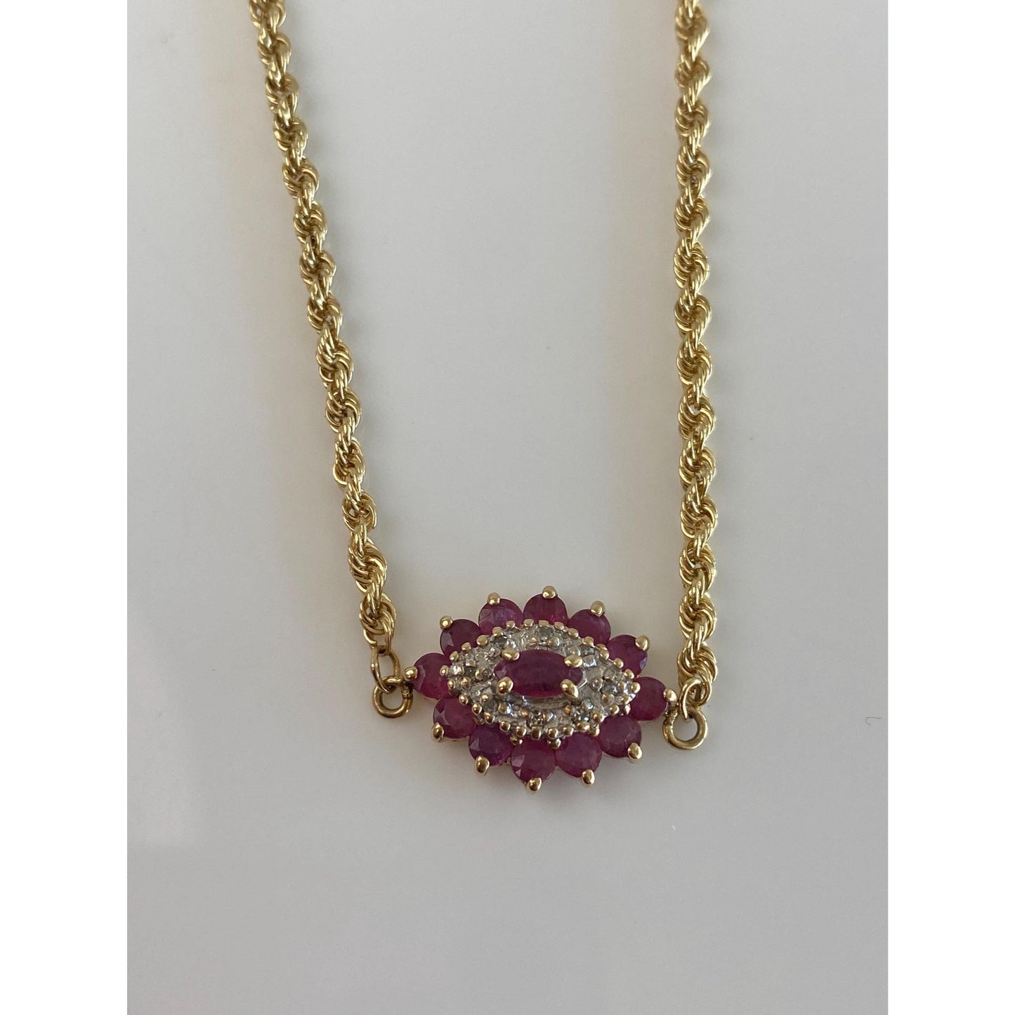 Solid 14k Yellow Gold Diamond Ruby Eye Rope Chain Necklace - 25 inches