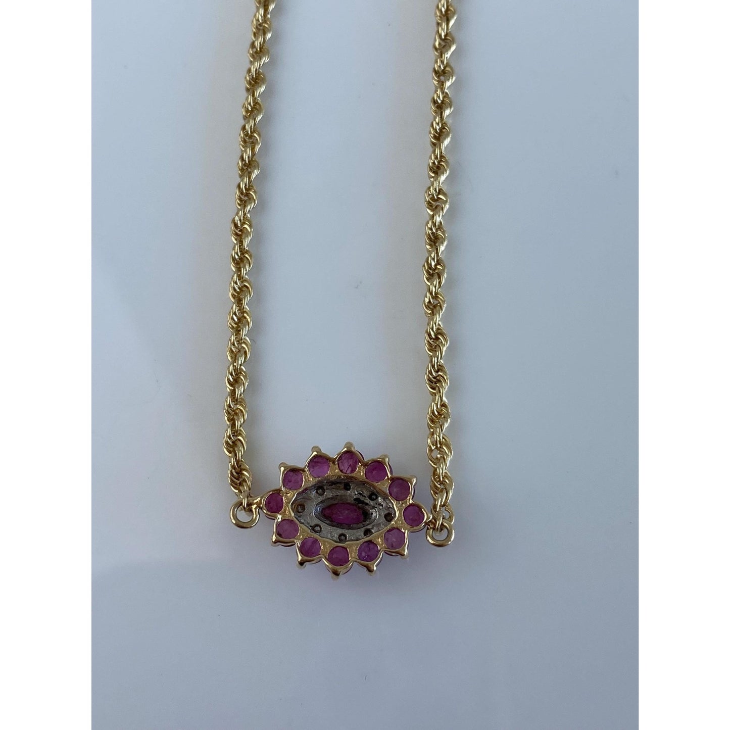 Solid 14k Yellow Gold Diamond Ruby Eye Rope Chain Necklace - 25 inches