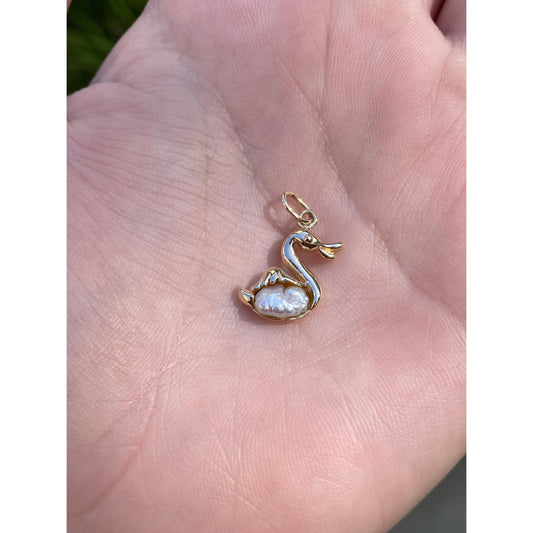 Vintage Solid 14k Yellow Gold Pearl Swan Charm