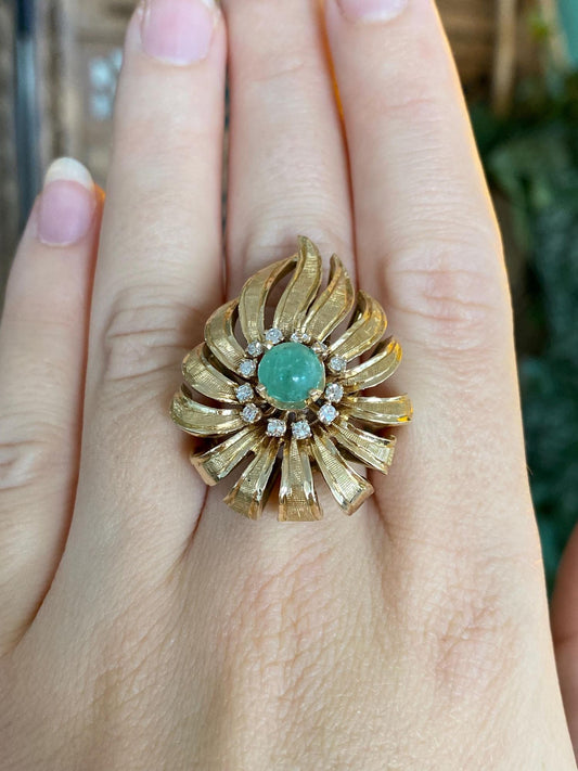 Vintage Solid 14k Yellow Gold Clear Sapphire Halo Emerald Cabochon Textured Cocktail Ring - Size 9.25