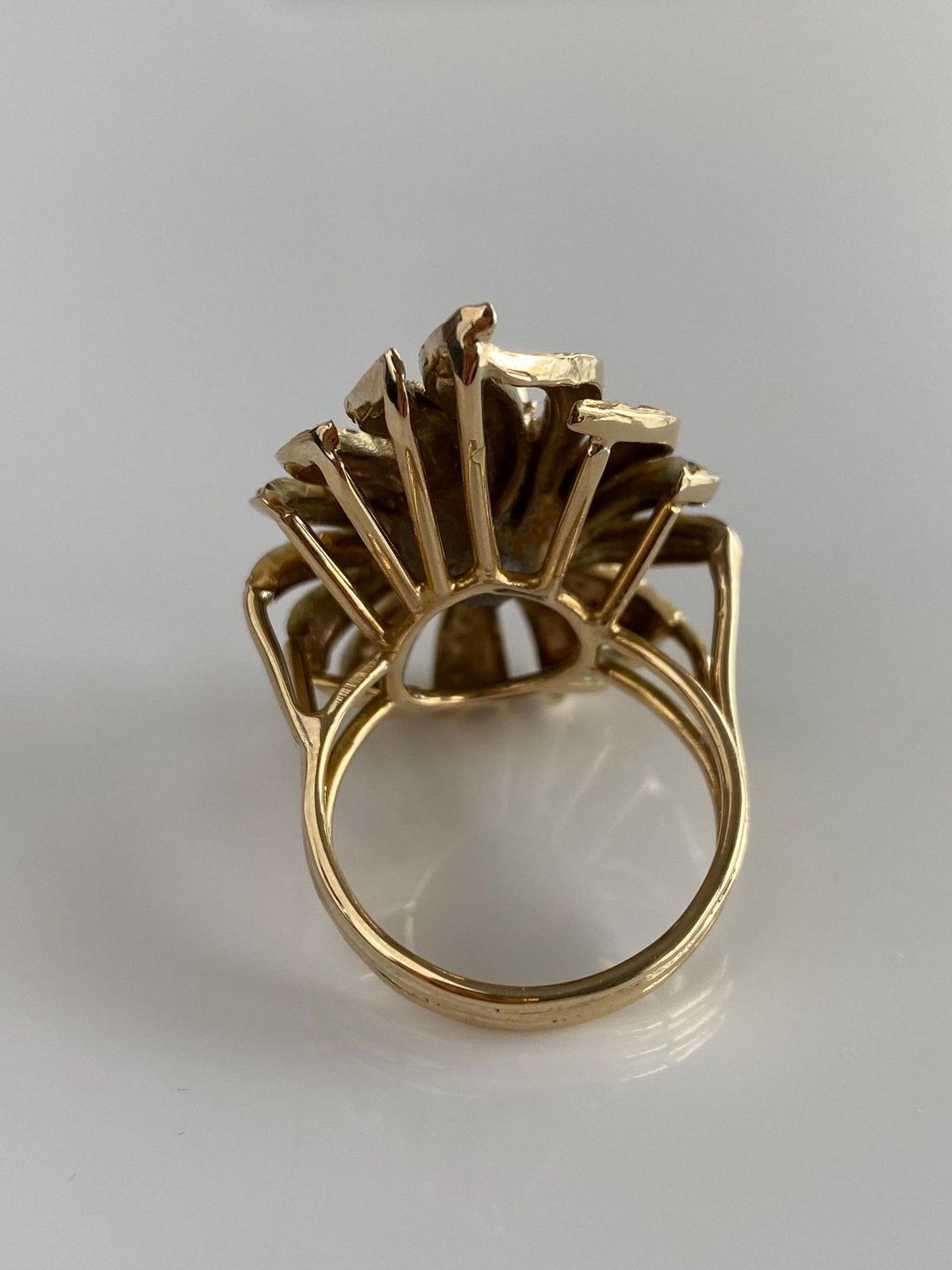 Vintage Solid 14k Yellow Gold Clear Sapphire Halo Emerald Cabochon Textured Cocktail Ring - Size 9.25