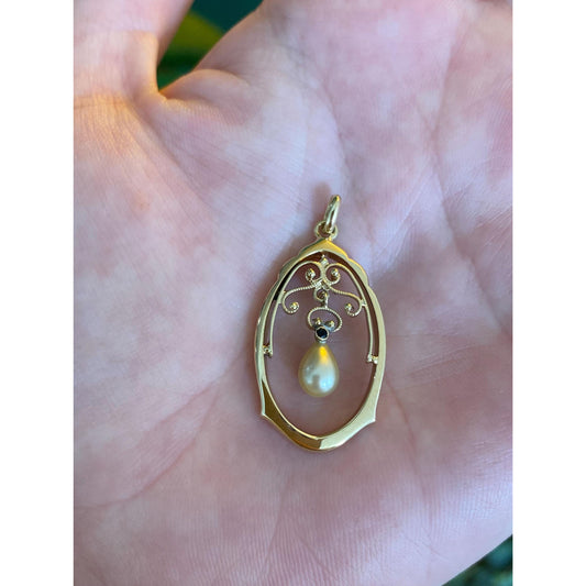 Vintage Solid 14k Yellow Gold Blue Cubic Zirconia Pearl Dangle Charm