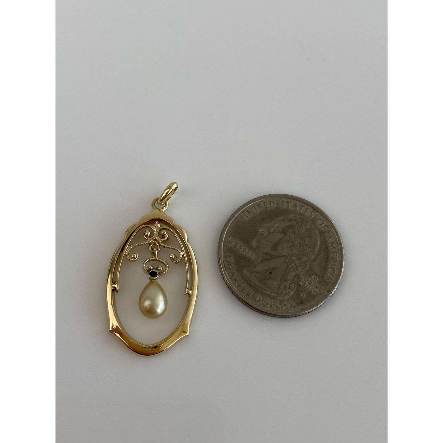 Vintage Solid 14k Yellow Gold Blue Cubic Zirconia Pearl Dangle Charm