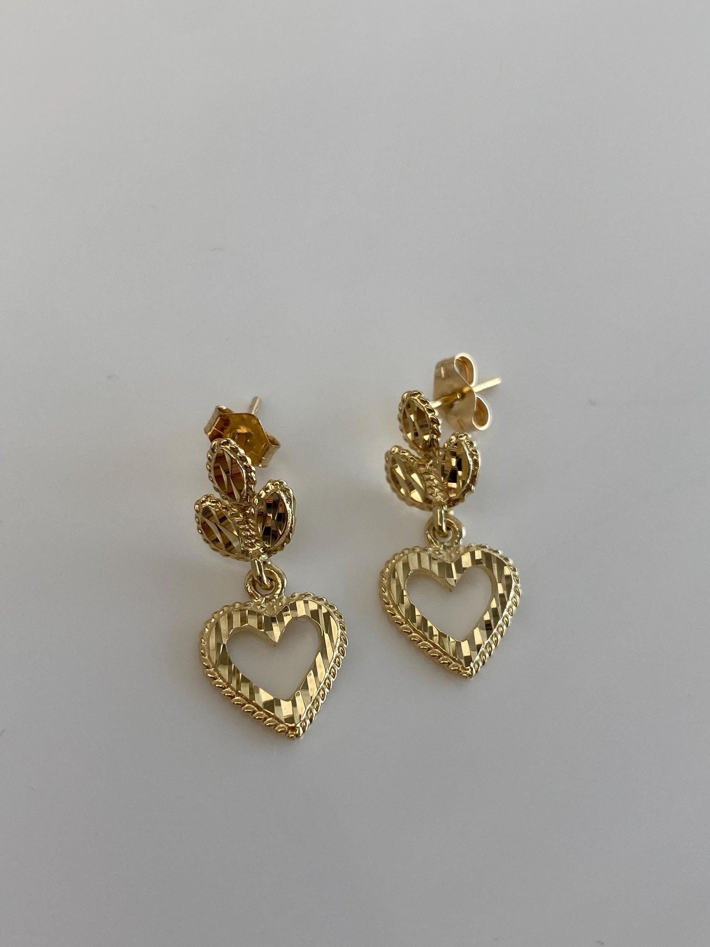Vintage Solid 14k Yellow Gold Diamond Cut Heart Dangle Stud Earrings