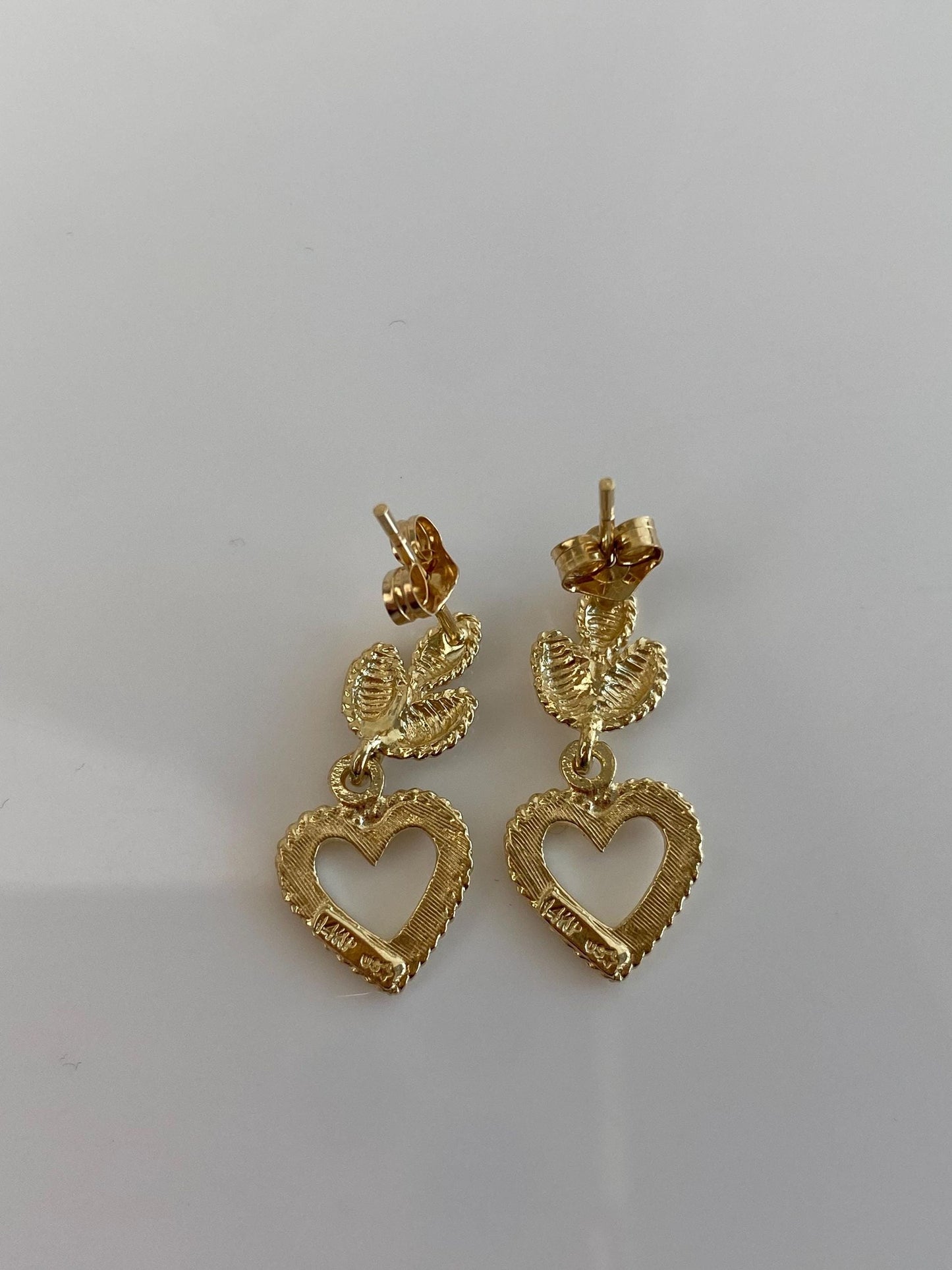 Vintage Solid 14k Yellow Gold Diamond Cut Heart Dangle Stud Earrings