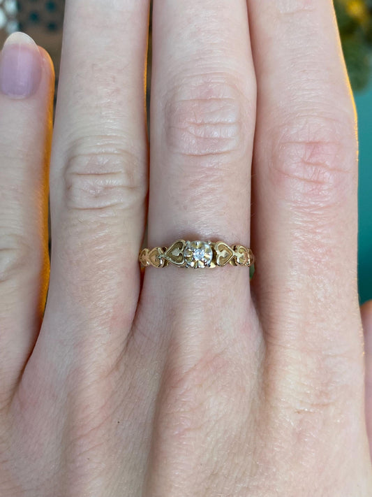 Vintage Solid 10k Yellow Gold Diamond Hearts Ring - Size 5.75