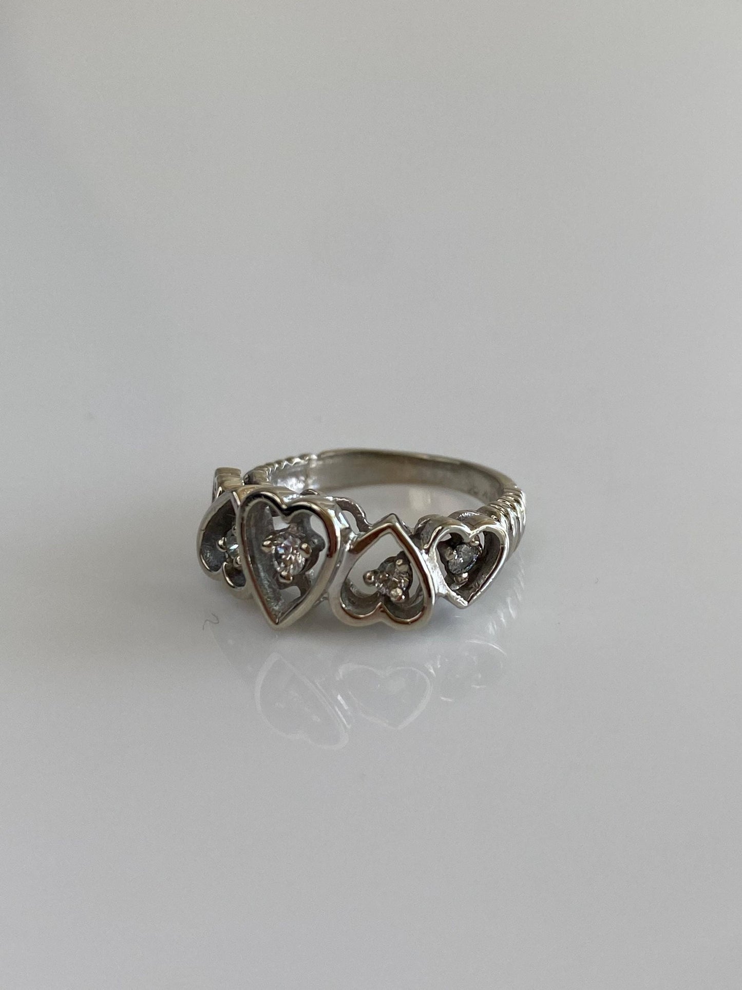 Vintage Solid 14k White Gold Diamond Hearts Ring - Size 3