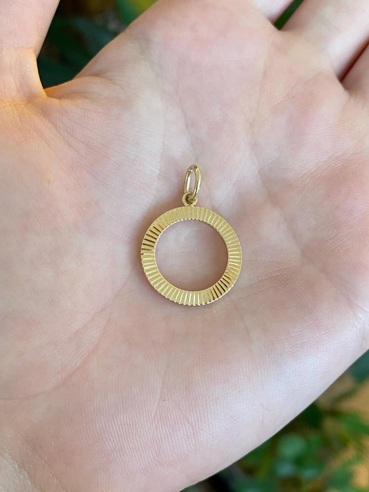 Solid 14k Yellow Gold Engine Turned Open Circle Charm