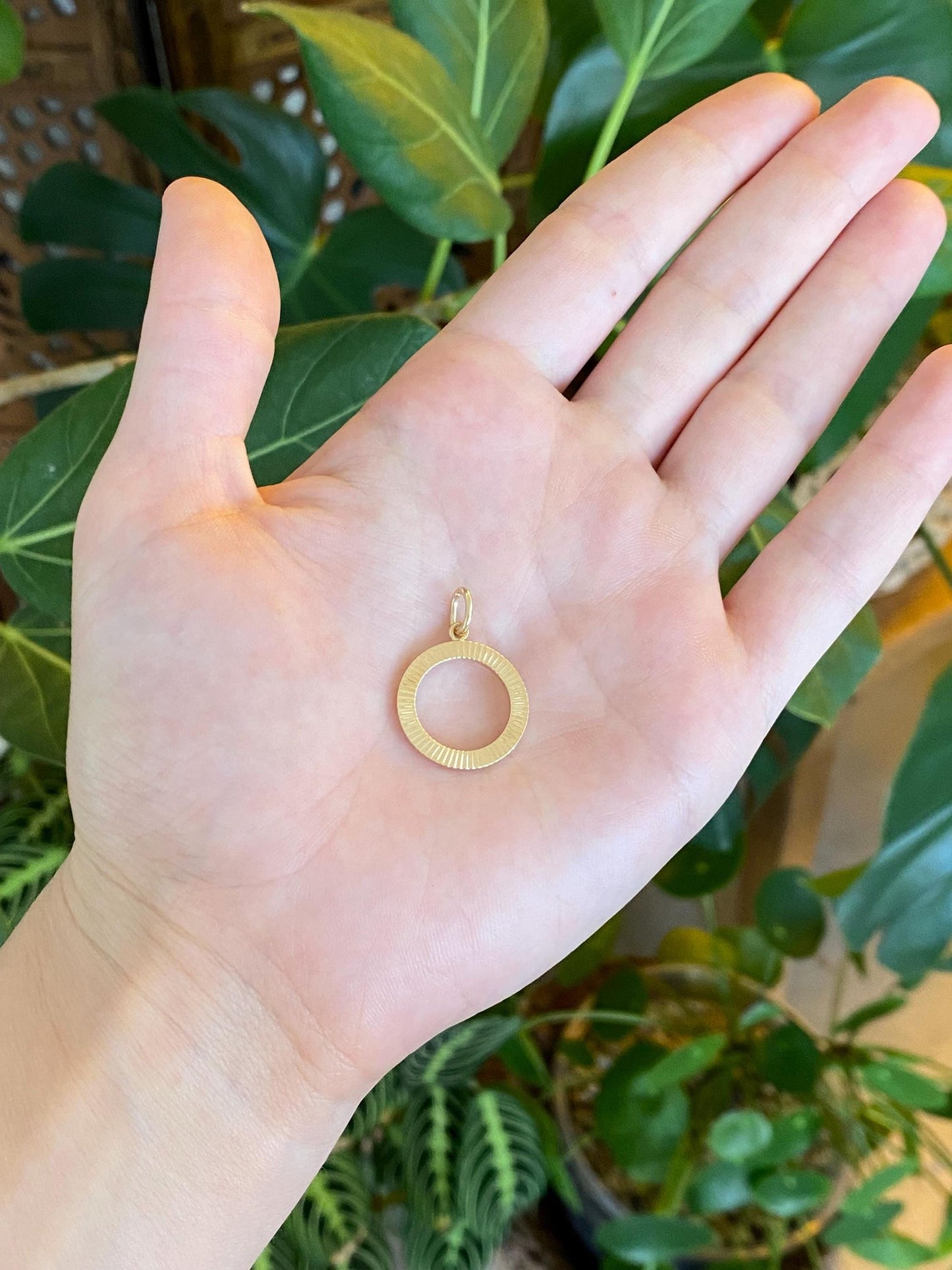Solid 14k Yellow Gold Engine Turned Open Circle Charm