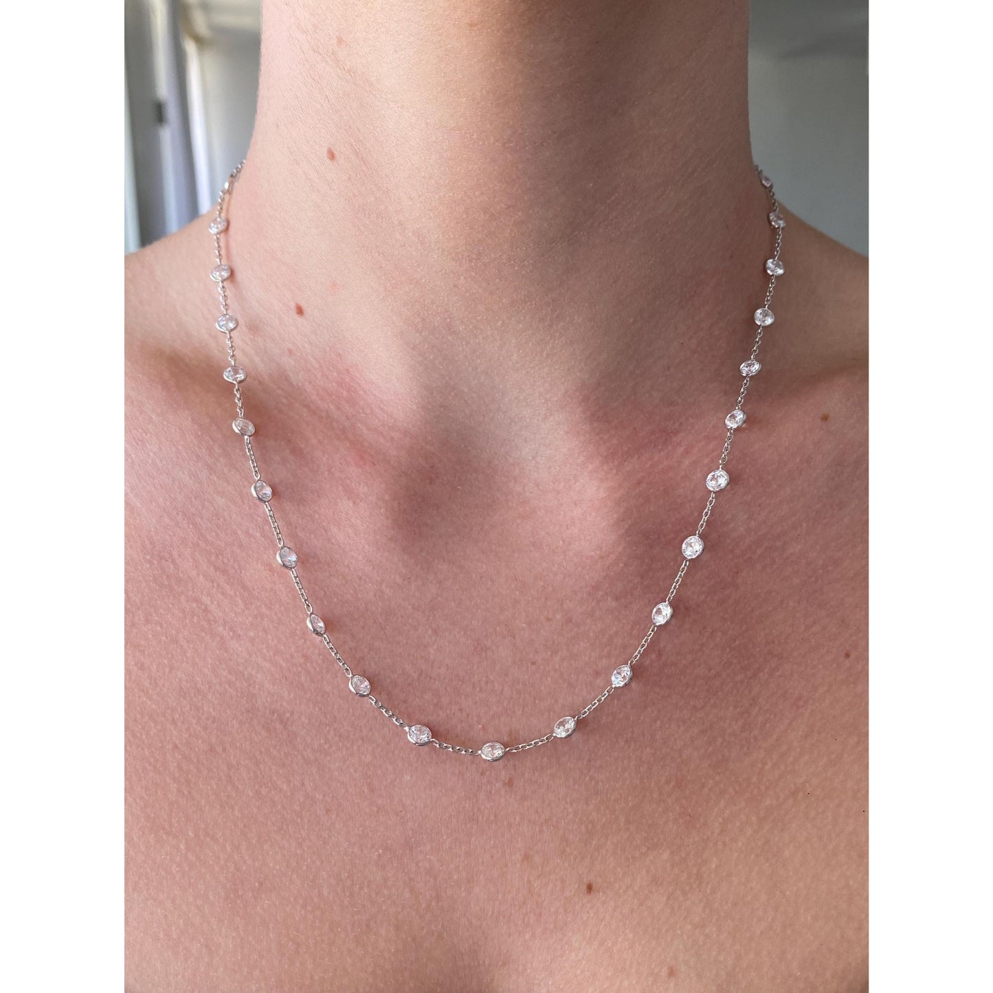 Vintage Solid 14k White Gold Cubic Zirconia Link Cable Chain Necklace - 18.25 inches